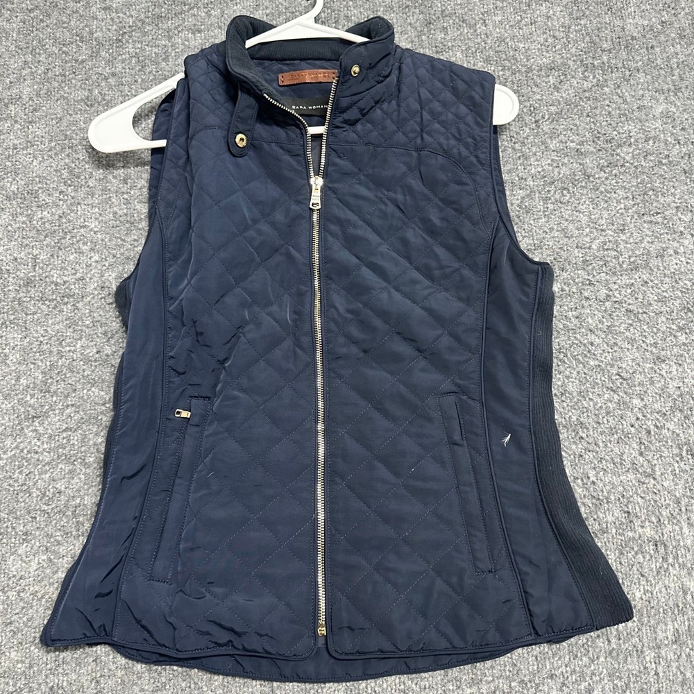 Zara Vest Womens Size M Navy Blue Quilted Slim Fit Gold Zip Lightweight Casual